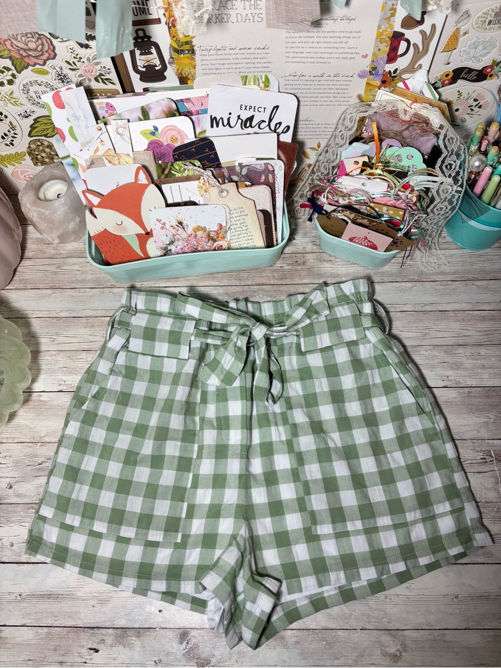 Forever 21 Green & White Checkered Gingham High Waisted Shorts Women’s Sz XS F21